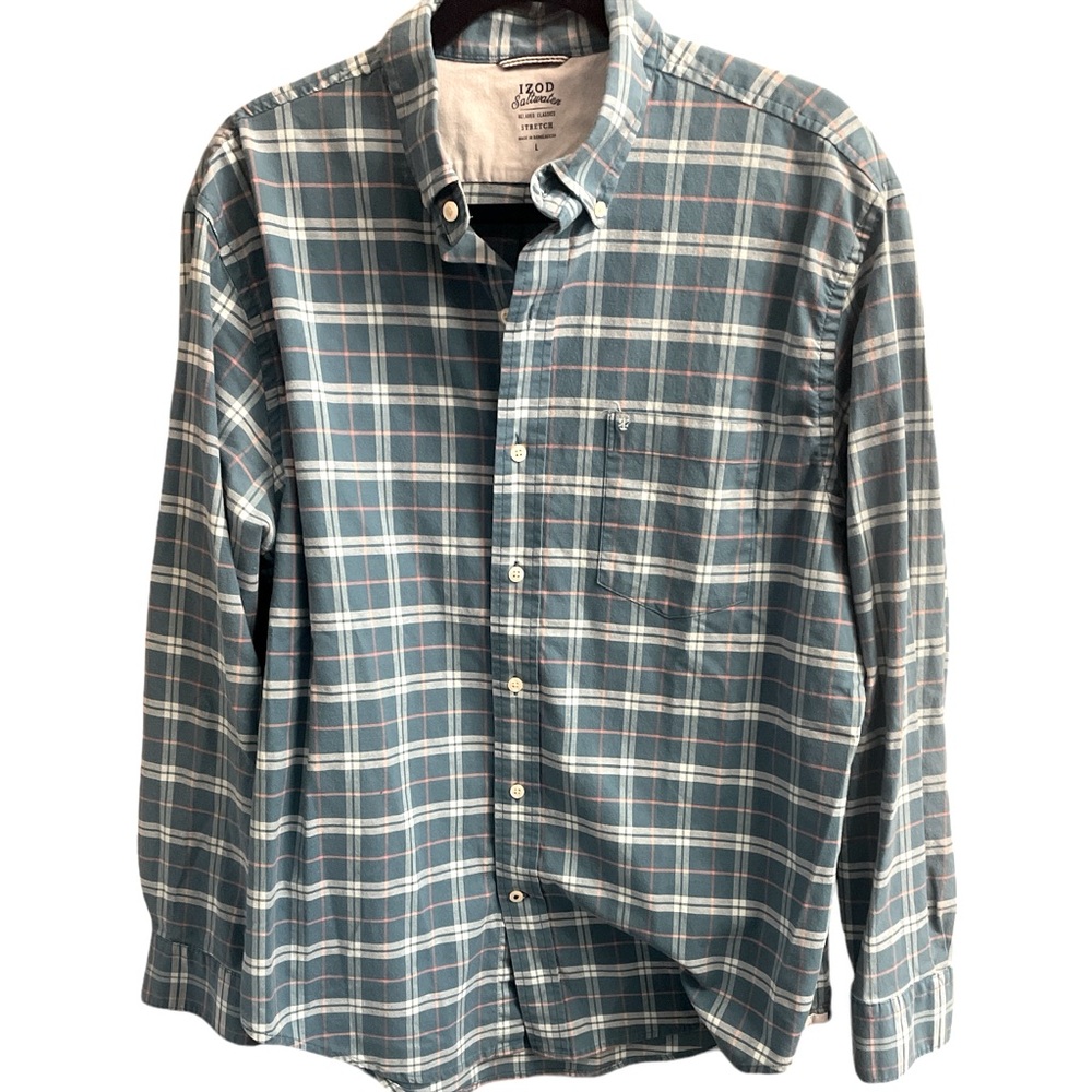 Size Large, Izod Button Down Plaid shirt, Blue, Red‎ & white
